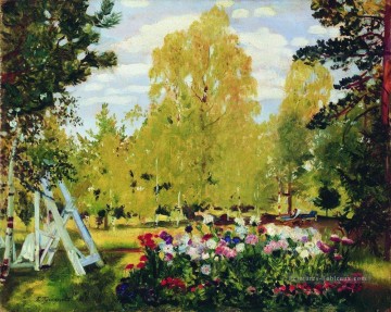 paysage avec un parterre de fleurs 1917 Boris Mikhailovich Kustodiev paysage de jardin Peinture à l'huile